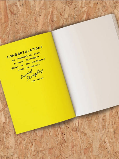 David Shrigley A5 sketchbook with bold white handwritten quote “My artwork is terrible and I am a very bad person” on black cover – perfect bound with 144 blank pages for drawing or sketching.