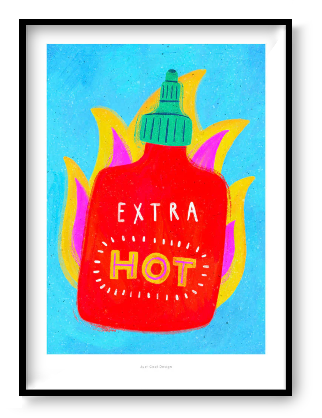 Colorful vertical illustration featuring a bright red hot sauce bottle surrounded by stylized yellow and pink flames on a blue background. Playful contemporary giclée art print with bold colors, ideal for kitchen wall art and modern home decor.