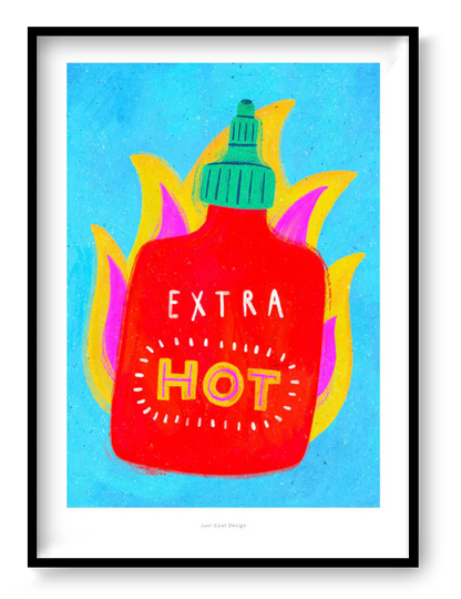 Colorful vertical illustration featuring a bright red hot sauce bottle surrounded by stylized yellow and pink flames on a blue background. Playful contemporary giclée art print with bold colors, ideal for kitchen wall art and modern home decor.