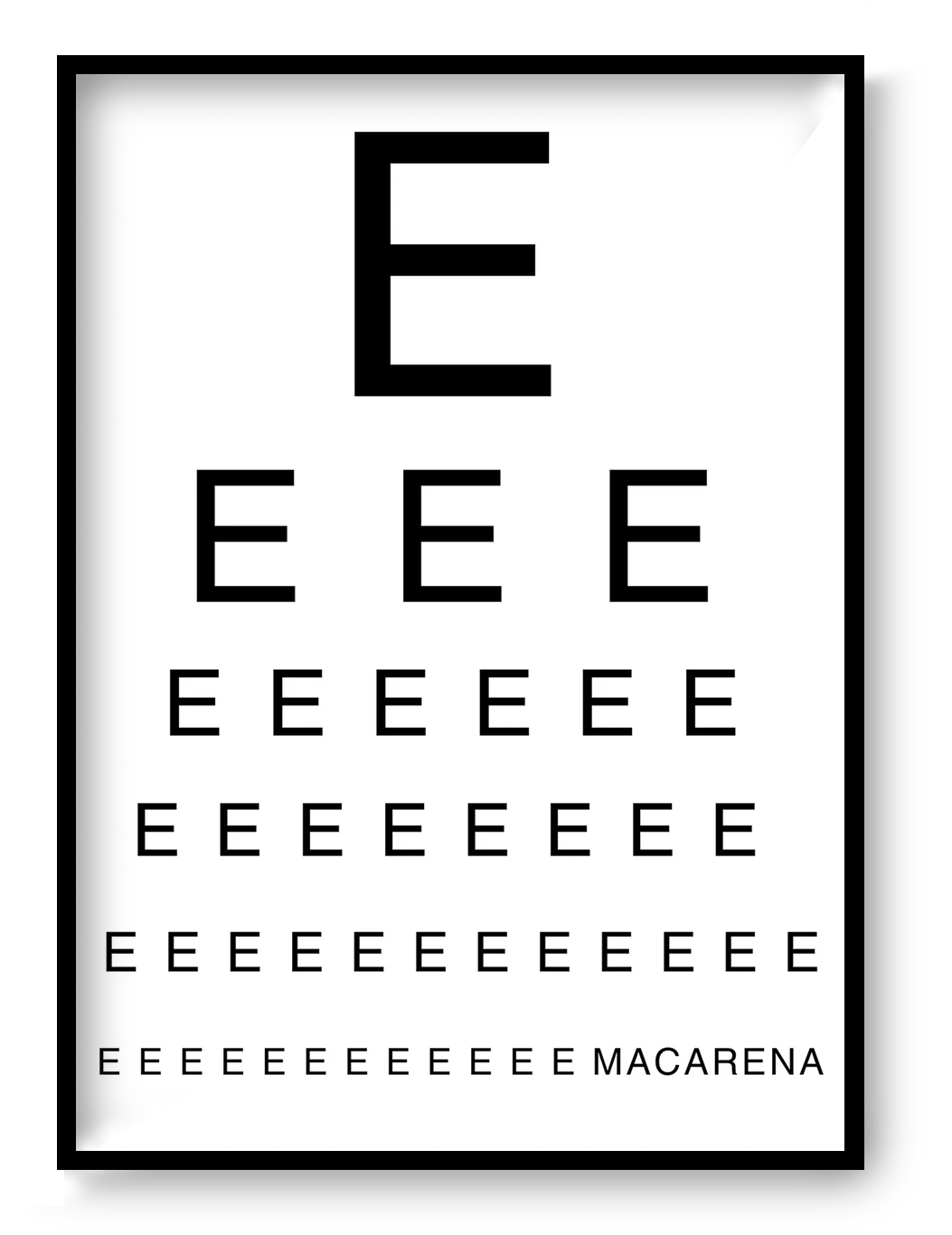 Minimalist eye chart illustration spelling "Macarena" on the final line, black typography on a white background. Contemporary digital art print in portrait format, ideal for modern home decor and music lovers.
