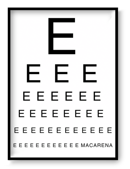 Minimalist eye chart illustration spelling "Macarena" on the final line, black typography on a white background. Contemporary digital art print in portrait format, ideal for modern home decor and music lovers.