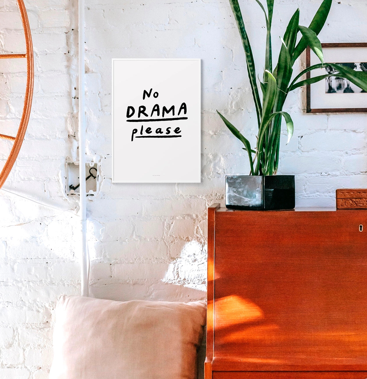 Minimalist black and white typography print reading "No drama please" in bold handwritten style – art print by Just Cool Design, A4 size, perfect for modern and playful home decor.