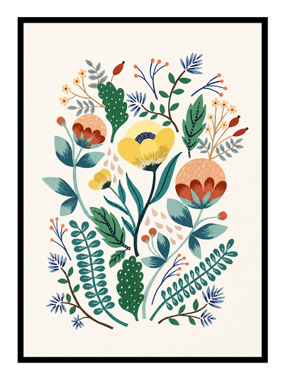 Colorful botanical art print featuring stylized flowers, leaves, and delicate branches in yellow, blue, green, and terracotta tones by Belgian illustrator Leens. Scandinavian-inspired floral wall art for modern home decor.