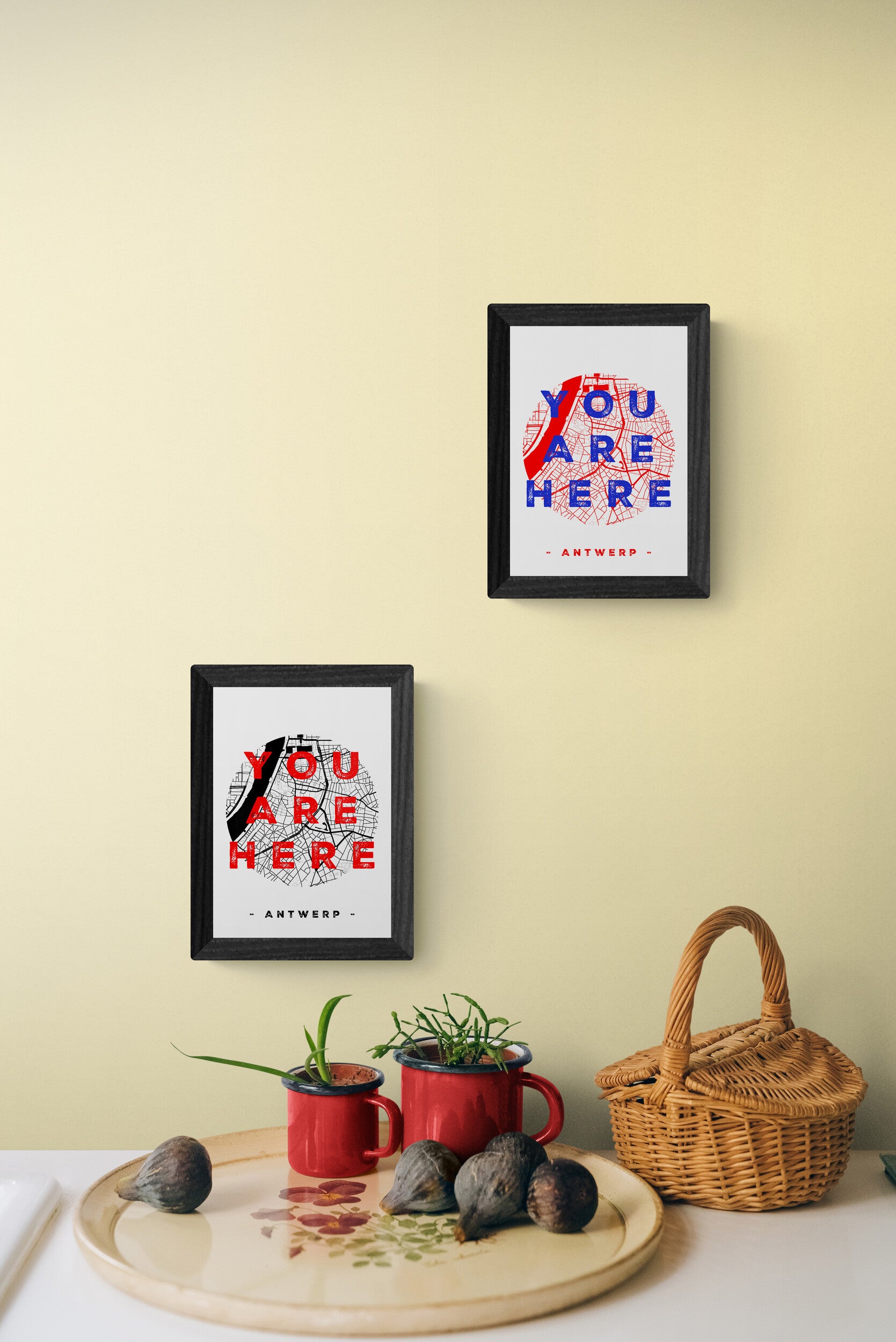 A6 hand-printed screen print titled “You Are Here” by De Zeverij, featuring a red and blue graphic map of Antwerp with bold typography, contemporary Belgian illustration art.