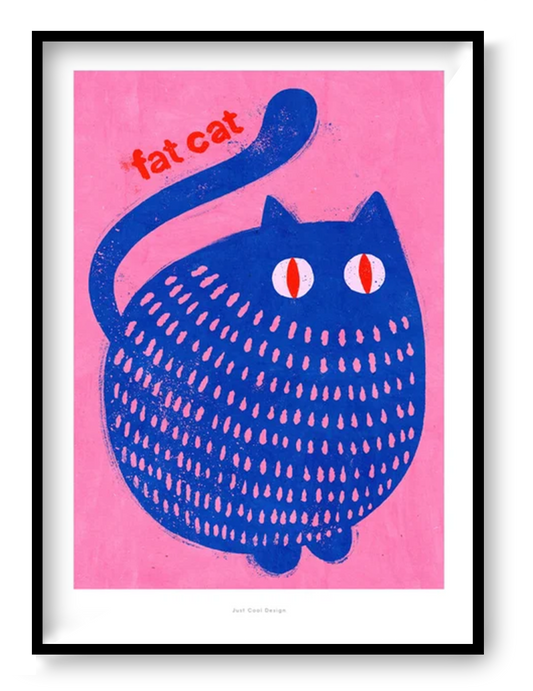 "Fat Cat" by Just Cool Design – playful and bold illustration of a chubby blue cat with red eyes on a vibrant pink background, featuring the text “fat cat”; a fun and colorful wall art print perfect for cat lovers and modern pop art enthusiasts, available at Galerie Frits