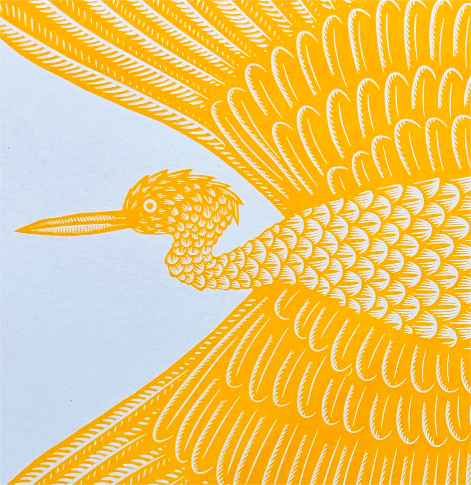 Vibrant risograph art print of a golden-yellow bird in flight wearing humorous pink polka-dot socks, titled Feelin’ Fly by Strangford, printed on recycled A3 paper in Northern Ireland.