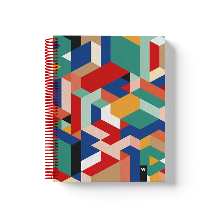 Colorful A5 spiral notebook with abstract geometric pattern by Weew Smart Design, featuring red coil binding and 200 blank pages on 80g smooth paper — perfect for creative writing or sketching on the go.