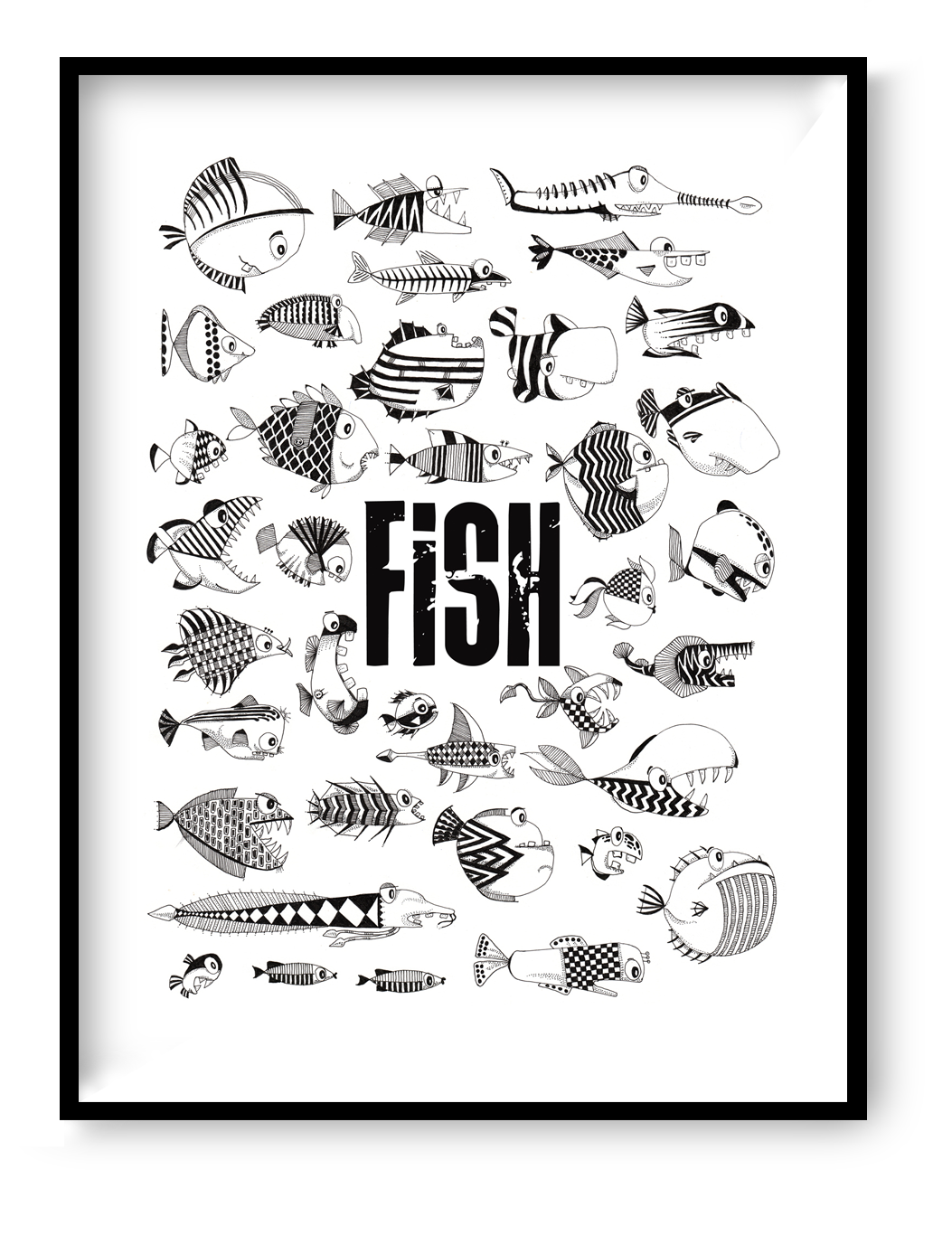 30x40 cm art print “Fish” by Studio Frits, black-and-white hand-drawn fish illustration with repetitive graphic pattern, modern wall art.