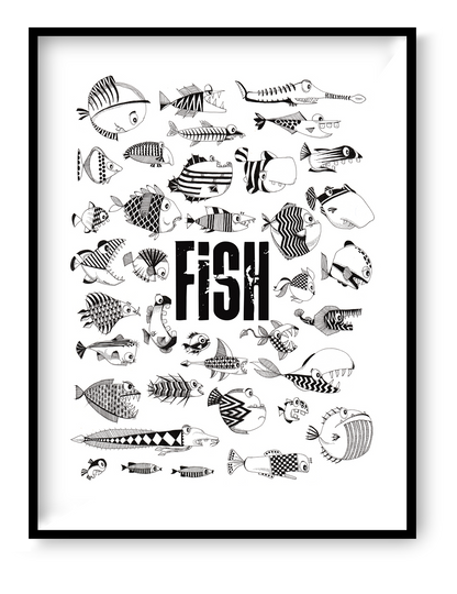 30x40 cm art print “Fish” by Studio Frits, black-and-white hand-drawn fish illustration with repetitive graphic pattern, modern wall art.