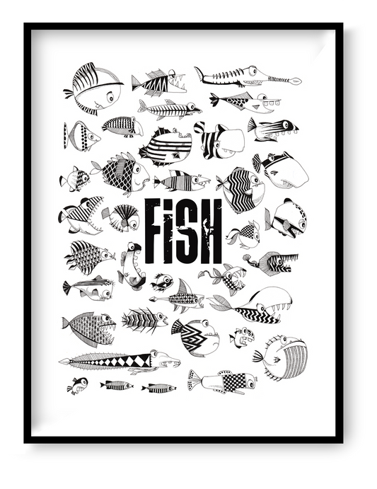 30x40 cm art print “Fish” by Studio Frits, black-and-white hand-drawn fish illustration with repetitive graphic pattern, modern wall art.