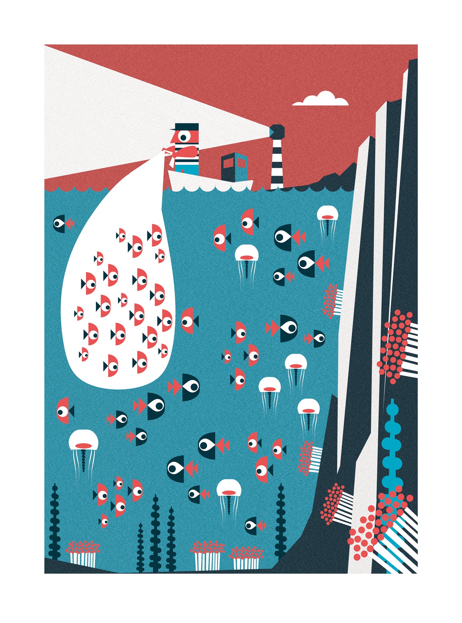 Colorful ocean-themed digital art print titled “Fisherman” by Studio Frits, showing a lighthouse, underwater fish, and jellyfish in retro style with red, teal, and black tones. Available in 30x40 cm and A2.