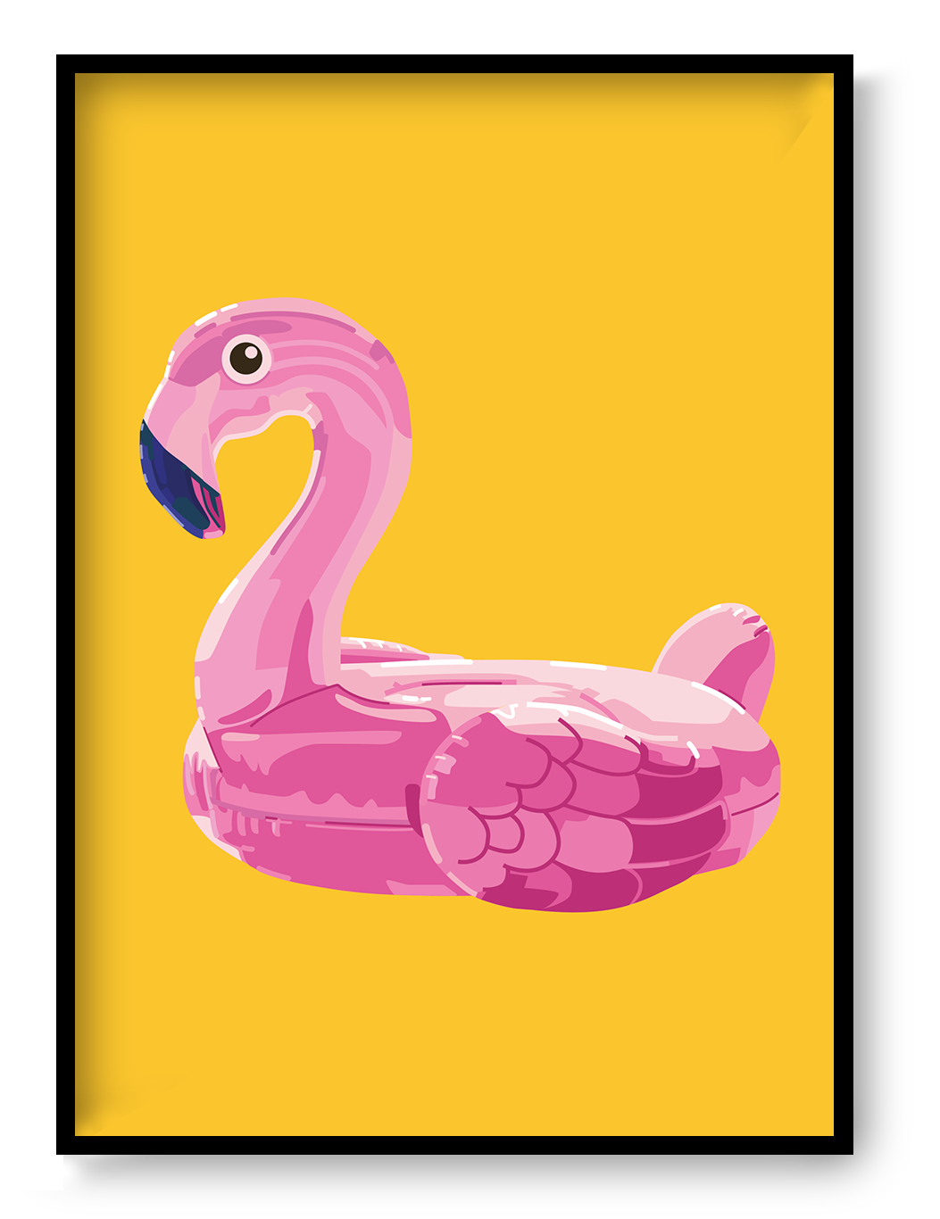 Colourful vertical digital illustration of a pink flamingo pool float on a bright yellow background, playful contemporary wall art for bedrooms, kitchens, nurseries, or creative interiors.