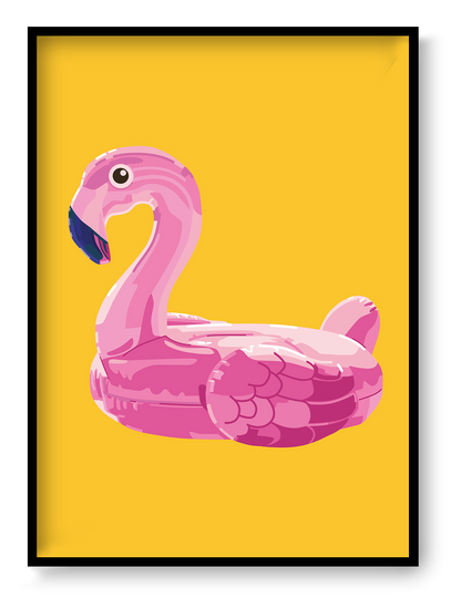 Colourful vertical digital illustration of a pink flamingo pool float on a bright yellow background, playful contemporary wall art for bedrooms, kitchens, nurseries, or creative interiors.