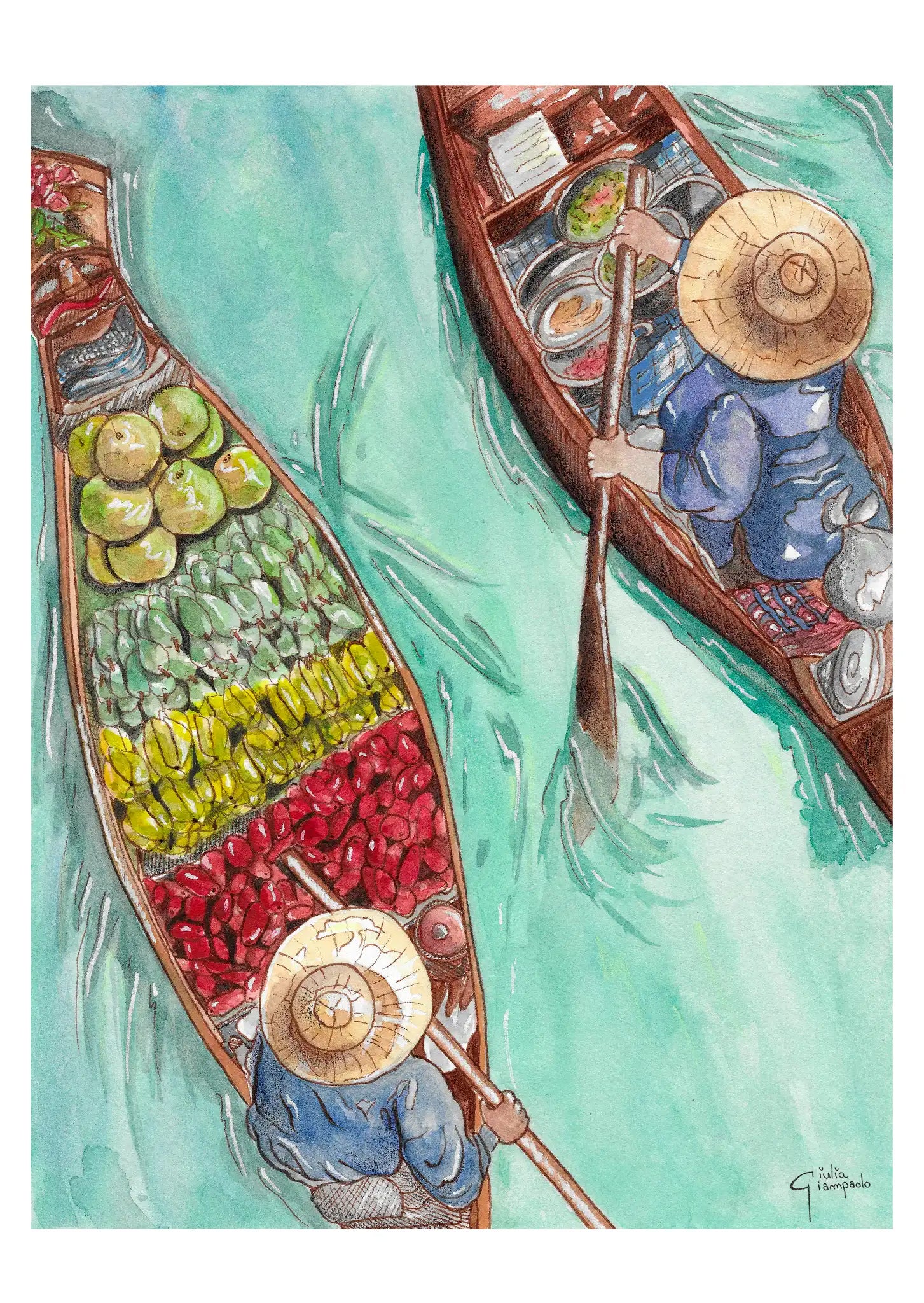 Watercolor illustration of boats at a floating market seen from above, fine art travel print by Giu Watercolor.
