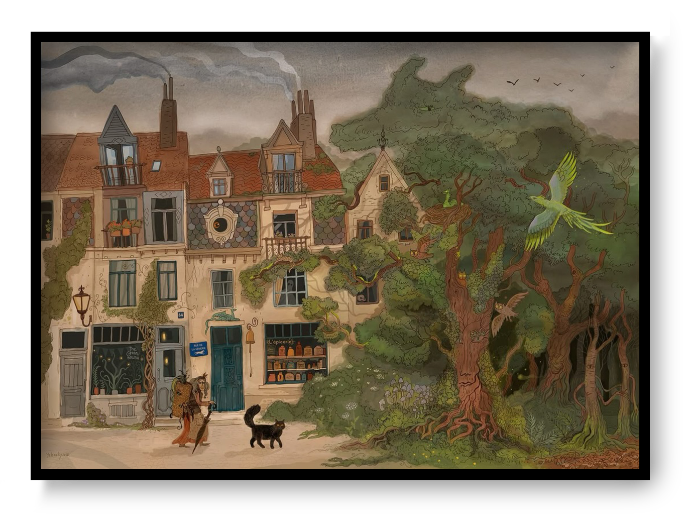 Whimsical forest and Brussels streetscape illustration by Lena Yampolski featuring historic townhouses, enchanted trees, birds, woodland creatures, and folklore-inspired details in soft green and earthy tones. Giclée wall art print for cozy home decor.