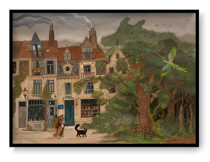 Whimsical forest and Brussels streetscape illustration by Lena Yampolski featuring historic townhouses, enchanted trees, birds, woodland creatures, and folklore-inspired details in soft green and earthy tones. Giclée wall art print for cozy home decor.