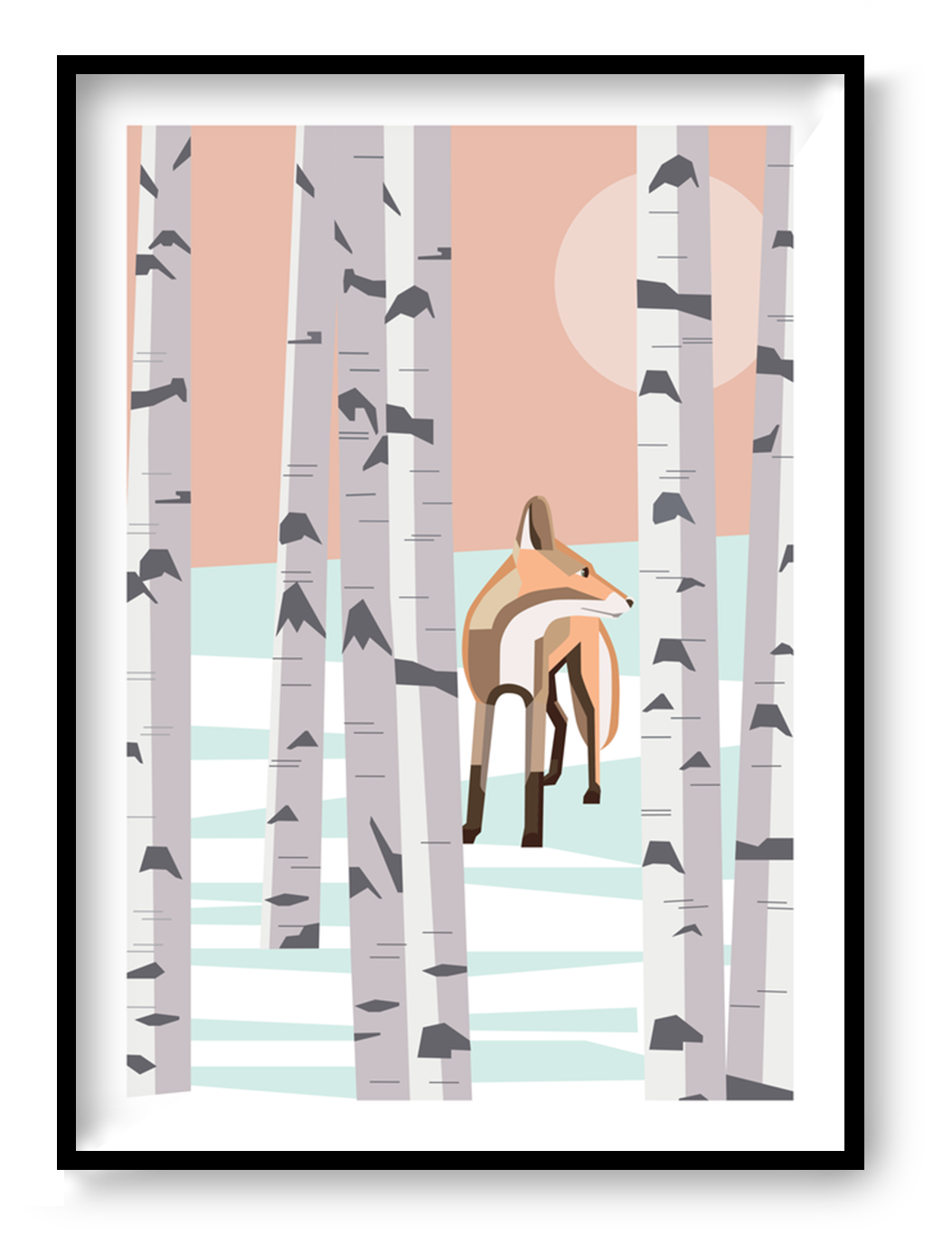 Vertical digital art print showing a geometric fox standing among tall white birch trees in a snowy forest, with peach, pale blue and grey tones, designed as modern nature wall art.
