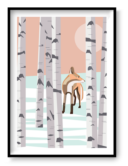 Vertical digital art print showing a geometric fox standing among tall white birch trees in a snowy forest, with peach, pale blue and grey tones, designed as modern nature wall art.