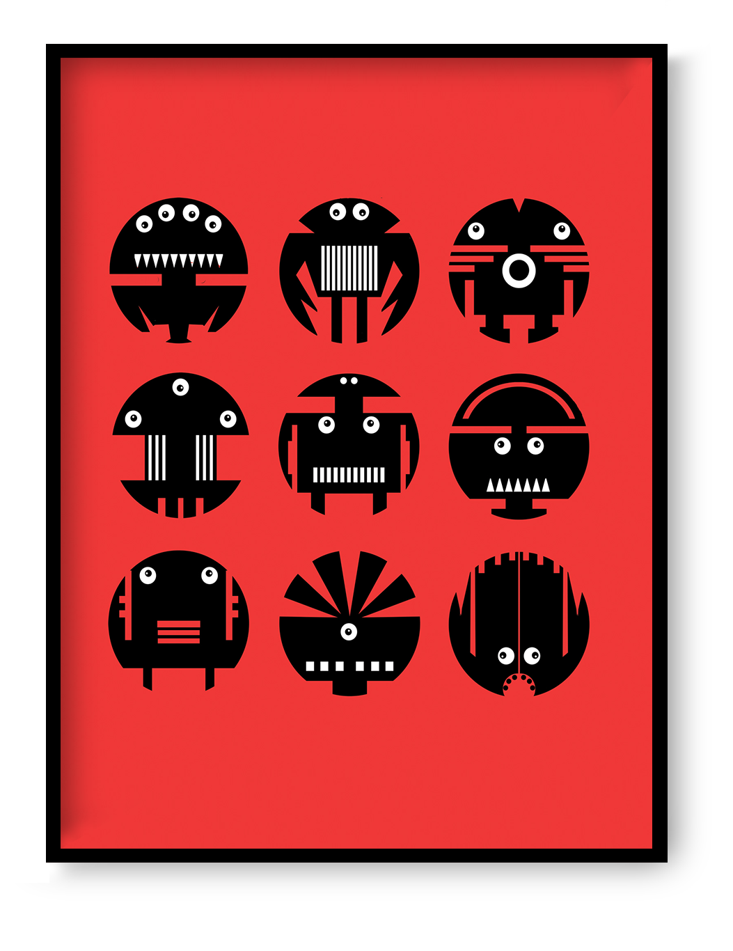 Graphic robot characters illustration in bold black shapes on red background, modern geometric robot wall art print for kids room or creative studio decor