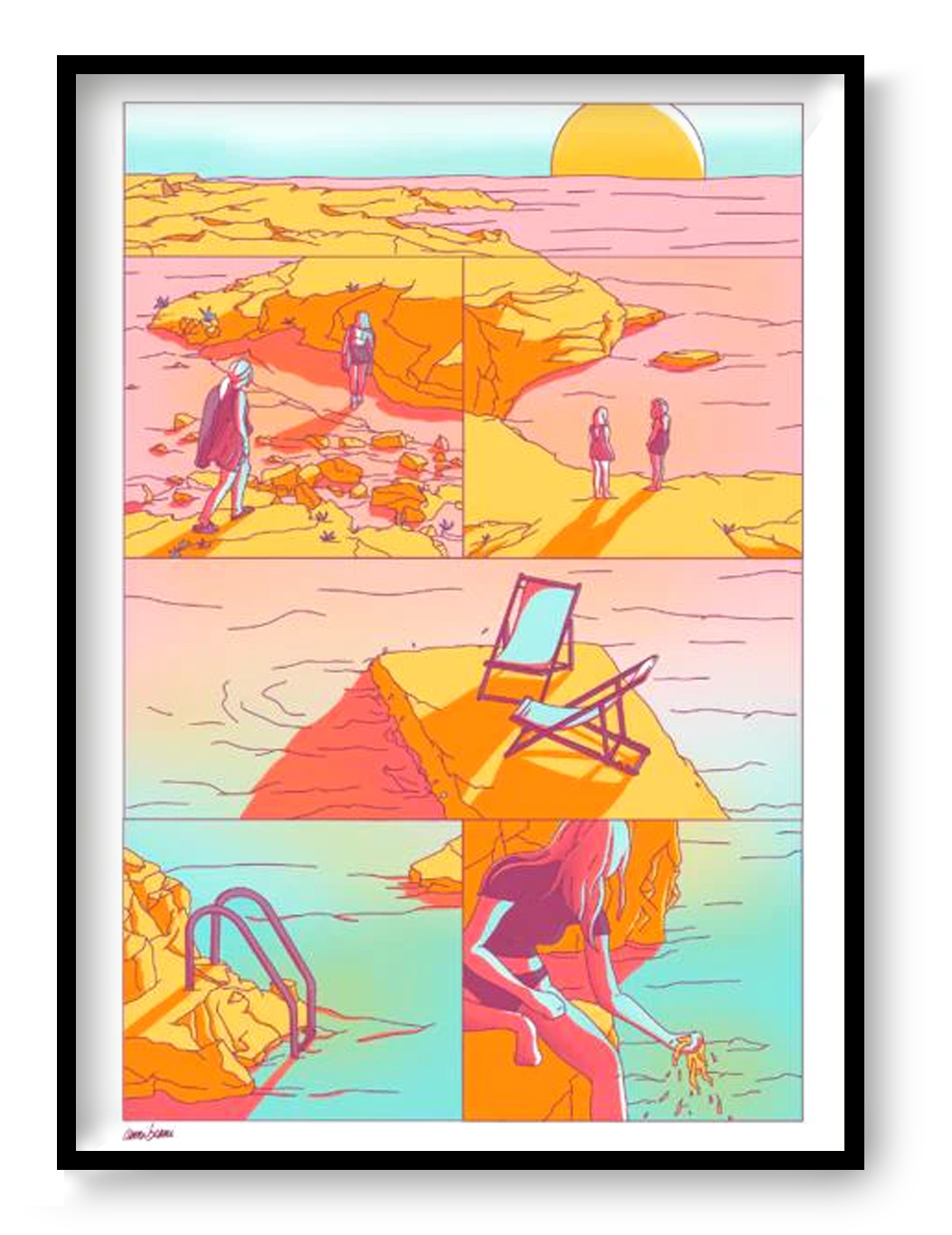 AOÛT 99 by Camille Berniard – limited edition 4-color risograph art print in warm pink, orange, and turquoise tones, depicting sunlit coastal scenes with figures and a deckchair. A nostalgic summer artwork on Munken Print White paper, signed and numbered by the French artist