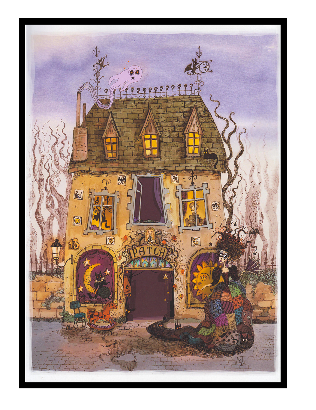 Whimsical folklore-inspired illustration of a magical townhouse filled with cats, ghostly figures, and a patchwork-dressed character. Detailed fantasy giclée print in soft purple, beige, orange, and black tones, vertical wall art for cozy home decor.