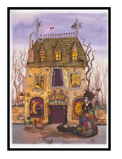 Whimsical folklore-inspired illustration of a magical townhouse filled with cats, ghostly figures, and a patchwork-dressed character. Detailed fantasy giclée print in soft purple, beige, orange, and black tones, vertical wall art for cozy home decor.