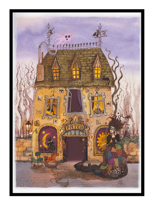 Whimsical folklore-inspired illustration of a magical townhouse filled with cats, ghostly figures, and a patchwork-dressed character. Detailed fantasy giclée print in soft purple, beige, orange, and black tones, vertical wall art for cozy home decor.