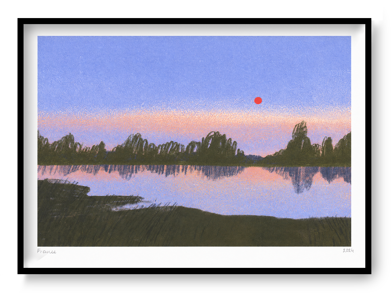 France by Linde Raats, horizontal giclée print of a quiet lake at dusk with violet sky, dark green trees, soft reflections and a red sun, ideal for calm bedroom or living room wall decor.