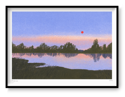 France by Linde Raats, horizontal giclée print of a quiet lake at dusk with violet sky, dark green trees, soft reflections and a red sun, ideal for calm bedroom or living room wall decor.