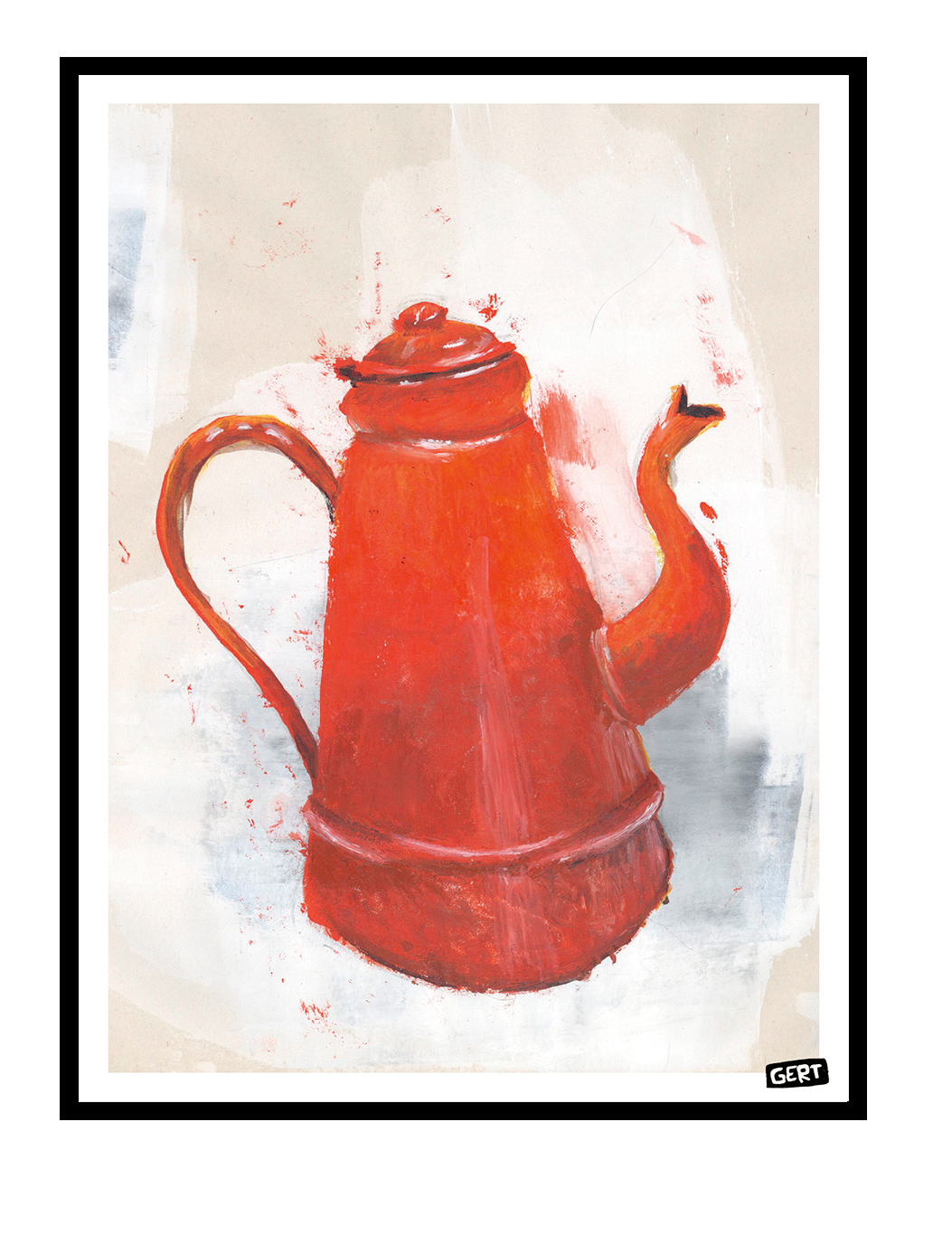 Red coffee pot illustration art print by Gert Paenen on textured neutral background, expressive contemporary kitchen wall art with bold warm colors and painterly details.