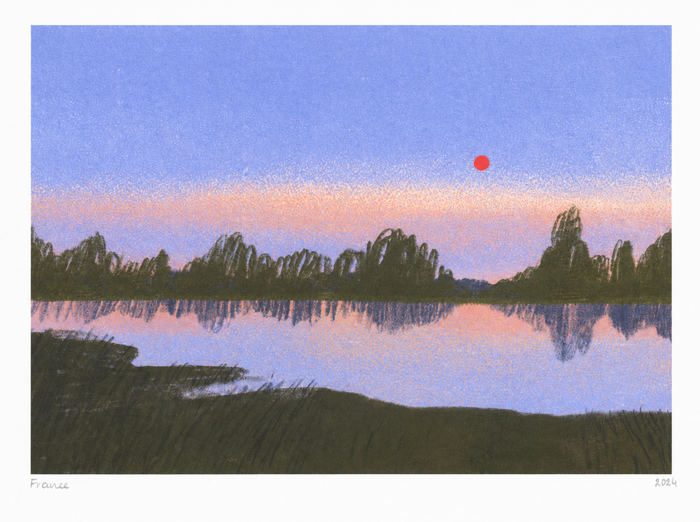 France by Linde Raats, horizontal giclée print of a quiet lake at dusk with violet sky, dark green trees, soft reflections and a red sun, ideal for calm bedroom or living room wall decor.
