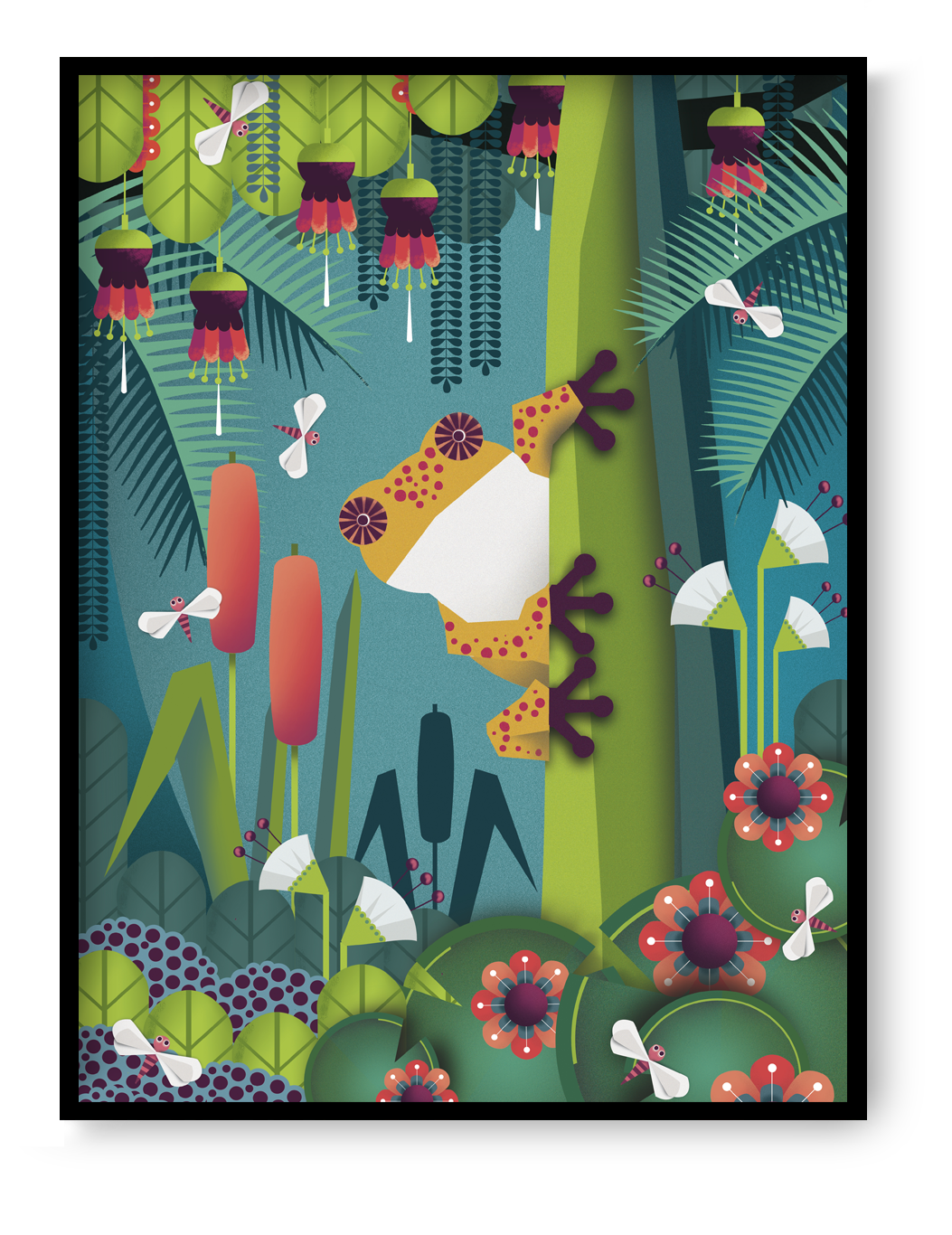 Colorful frog jungle illustration art print by Studio Frits featuring a stylized frog in a tropical forest, modern nature wall art.