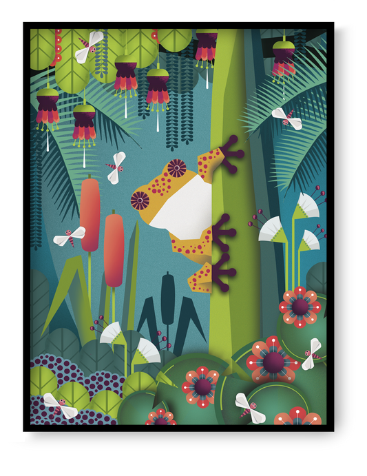 Colorful frog jungle illustration art print by Studio Frits featuring a stylized frog in a tropical forest, modern nature wall art.