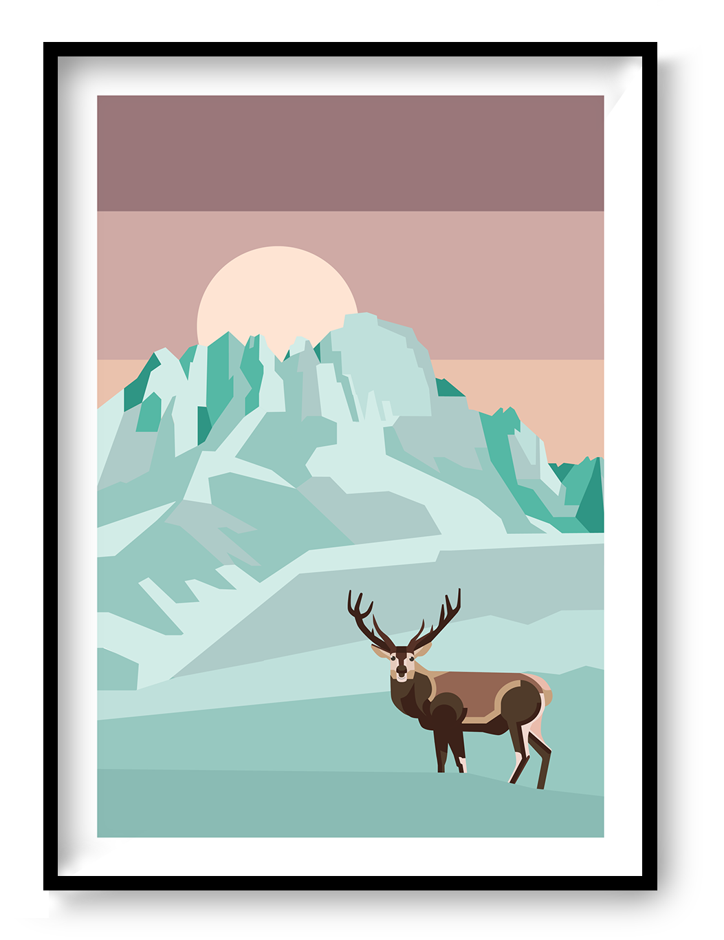 Minimalist illustration of a deer in a snowy mountain landscape with full moon by Floor 4 Productions – modern Scandinavian-style art print in soft pastel tones, perfect for nature lovers and contemporary home decor
