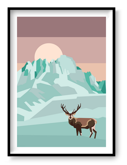 Minimalist illustration of a deer in a snowy mountain landscape with full moon by Floor 4 Productions – modern Scandinavian-style art print in soft pastel tones, perfect for nature lovers and contemporary home decor