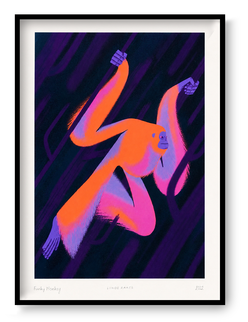 Funky Monkey by Linde Raats, vertical A4 giclée print of an orange and pink monkey swinging through a dark purple jungle, playful wall art for modern home decor.