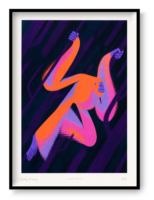 Funky Monkey by Linde Raats, vertical A4 giclée print of an orange and pink monkey swinging through a dark purple jungle, playful wall art for modern home decor.