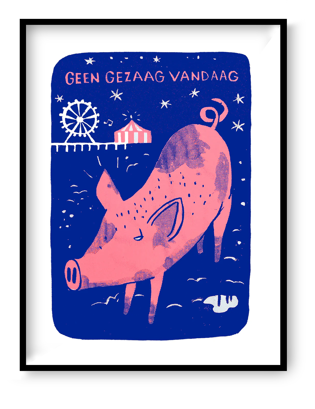 Pink pig walking at night near a small fairground in a whimsical blue landscape, humorous 2-colour screen print by Dennis Dellaert, playful limited edition wall art for modern home decor