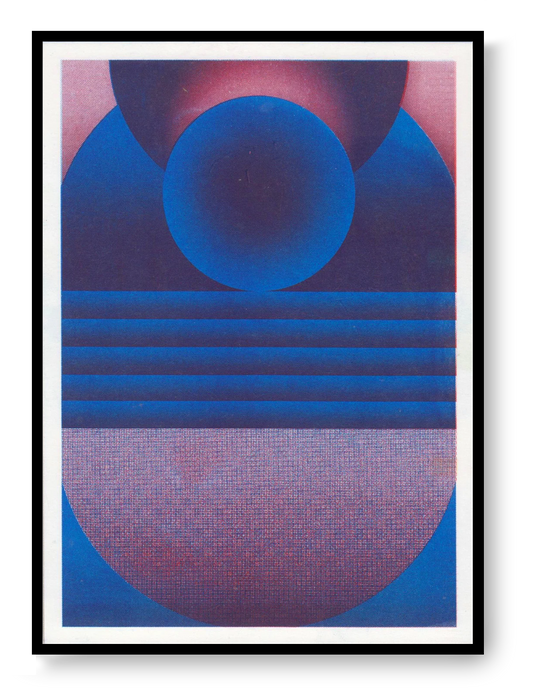 Abstract geometric risograph art print in blue and purple by PTRVRKD, featuring layered circular shapes and textured soy-based ink on Biotop paper, modern wall art