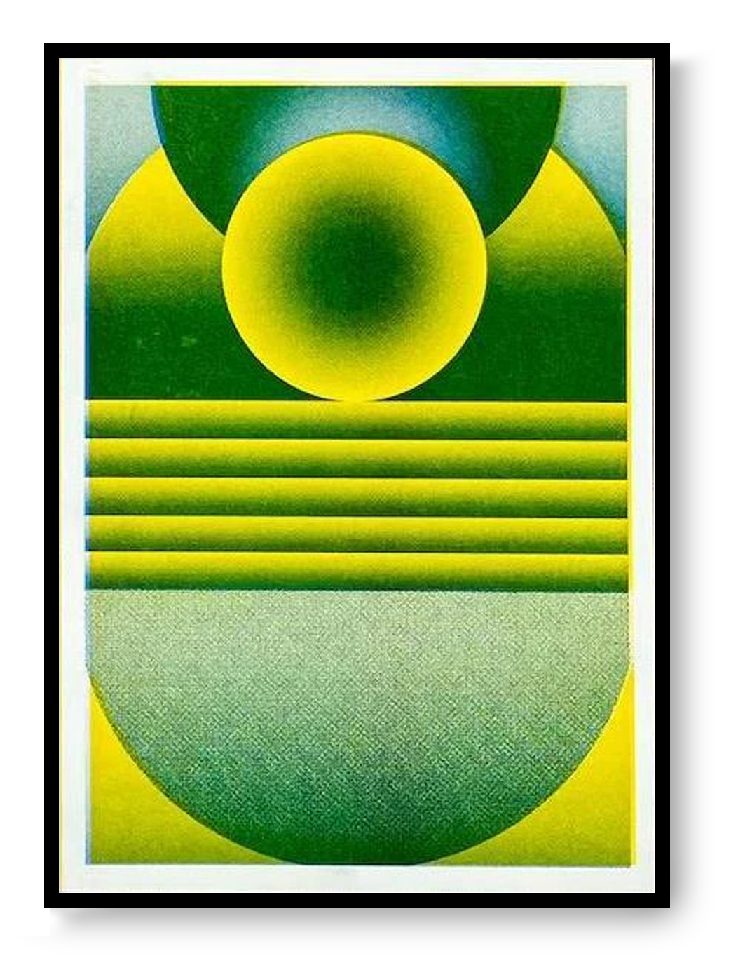 Geometric Green Yellow risograph art print by PTRVRKD featuring abstract geometric shapes in green and yellow gradients, handprinted on Biotop paper.