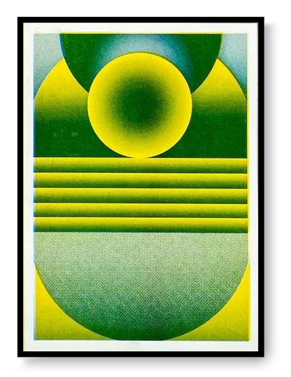 Geometric Green Yellow risograph art print by PTRVRKD featuring abstract geometric shapes in green and yellow gradients, handprinted on Biotop paper.