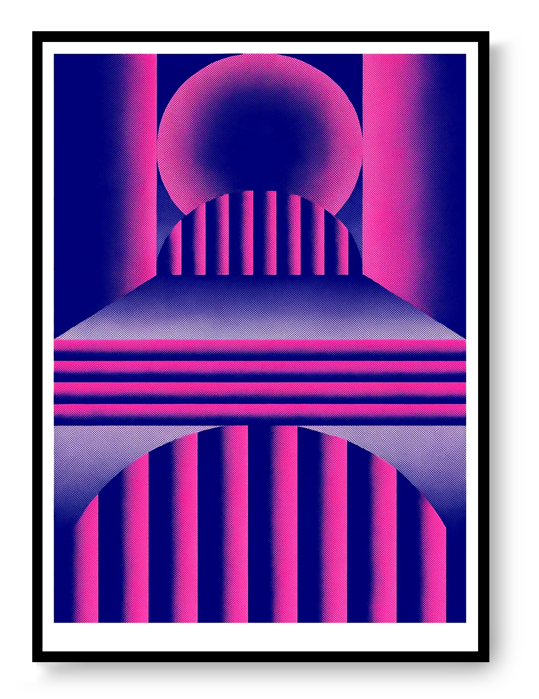 Geometric pink blue risograph print by PTRVRKD, abstract geometric wall art, small format risograph poster, Galerie Frits