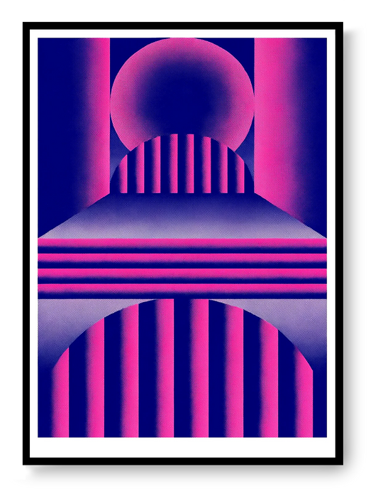 Geometric pink blue risograph print by PTRVRKD, abstract geometric wall art, small format risograph poster, Galerie Frits