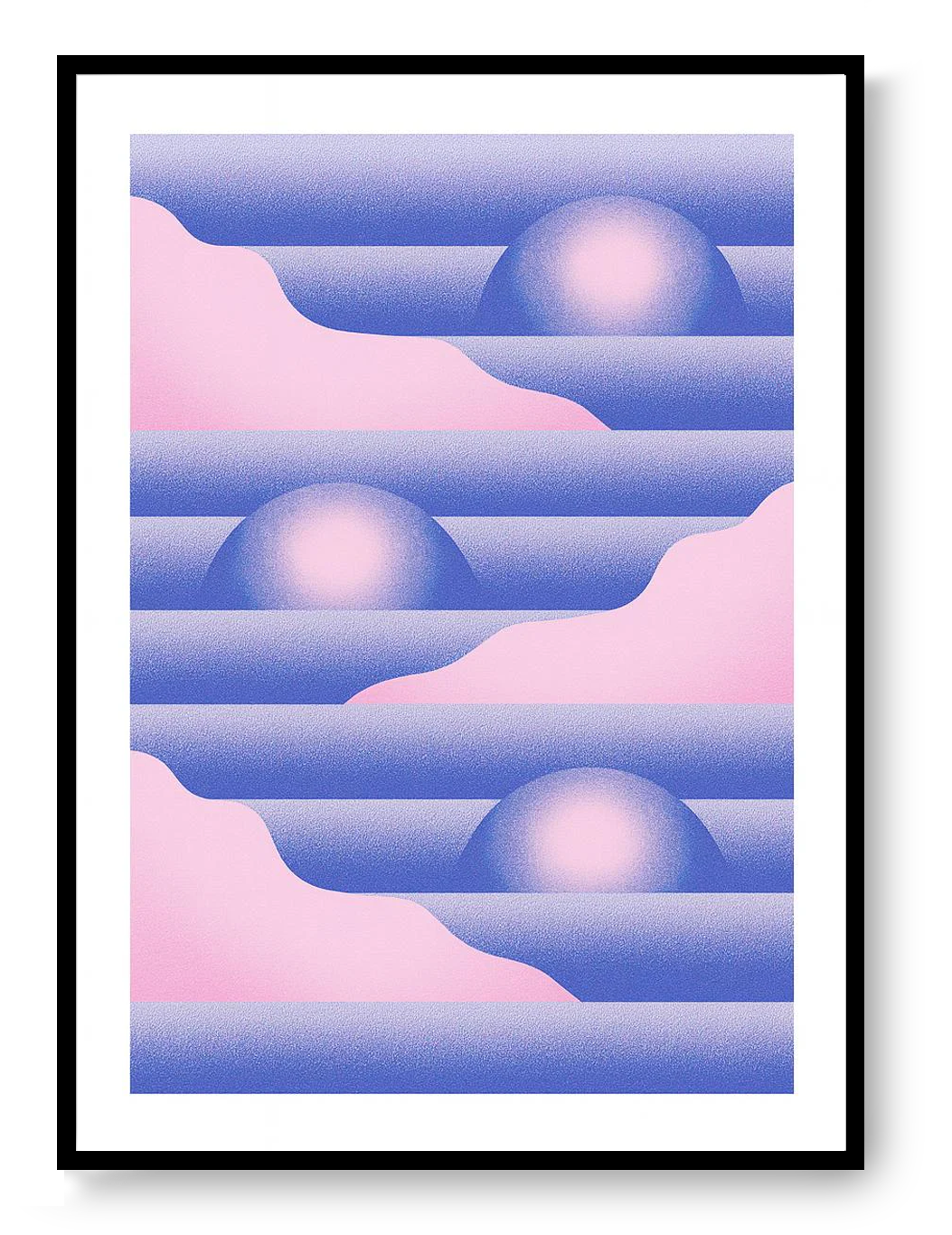 Geometric Pink Blue 2 risograph art print by PTRVRKD with pastel gradients and abstract horizon shapes, handprinted on Biotop paper, minimalist contemporary wall art.