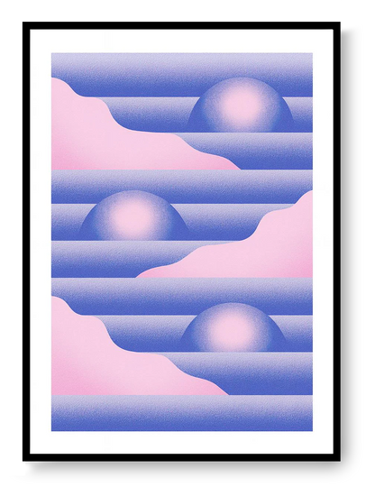 Geometric Pink Blue 2 risograph art print by PTRVRKD with pastel gradients and abstract horizon shapes, handprinted on Biotop paper, minimalist contemporary wall art.