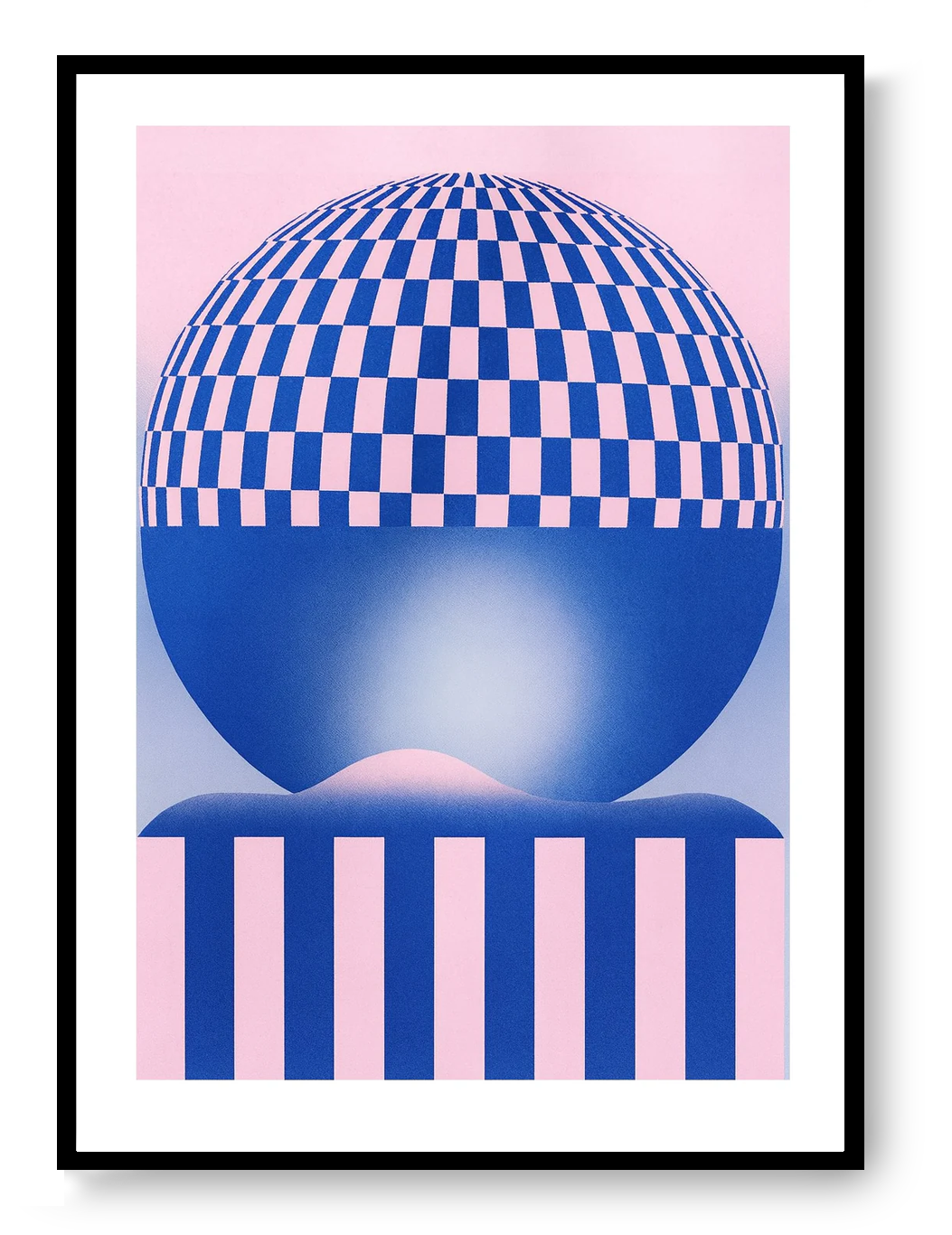 Geometric Pink Blue 3 risograph art print by PTRVRKD featuring abstract geometric shapes in pink and blue, handprinted on Biotop paper, modern minimalist wall art.