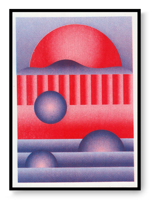 Abstract geometric risograph art print in red and purple tones by PTRVRKD, featuring layered shapes and bold color blocks, modern small-format wall art on Biotop paper.