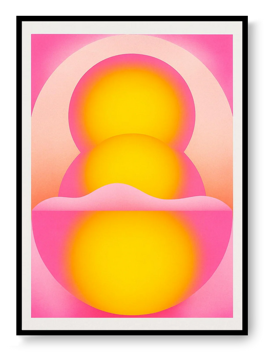 Yellow pink geometric risograph print by PTRVRKD, minimalist abstract wall art, small format modern design poster, Galerie Frits