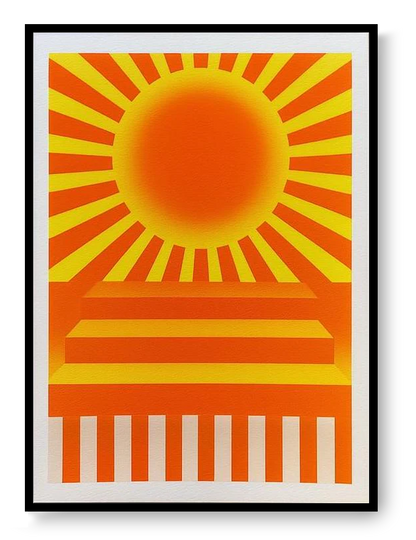 Yellow red sun geometric risograph print by PTRVRKD, abstract sun wall art, small modern graphic poster, Galerie Frits illustration shop