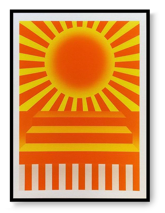 Yellow red sun geometric risograph print by PTRVRKD, abstract sun wall art, small modern graphic poster, Galerie Frits illustration shop